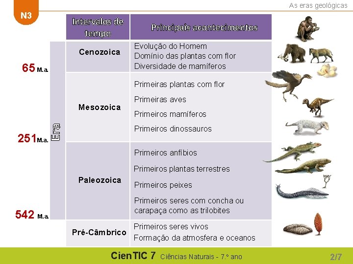 As eras geológicas N 3 Intervalos de tempo 65 M. a. Mesozoica Cenozoica Principais