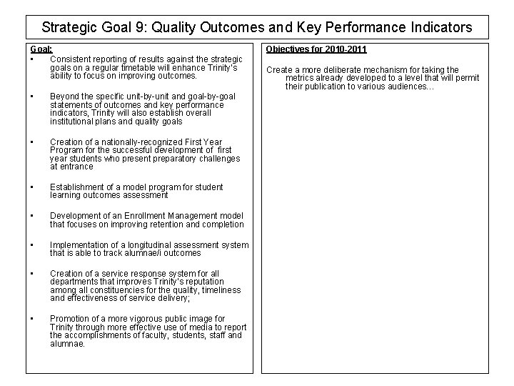 Strategic Goal 9: Quality Outcomes and Key Performance Indicators Goal: • Consistent reporting of