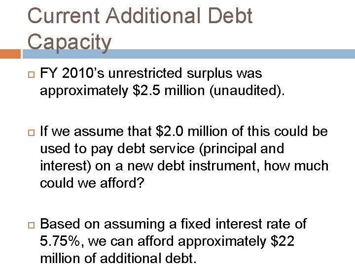 Current Additional Debt Capacity FY 2010’s unrestricted surplus was approximately $2. 5 million (unaudited).