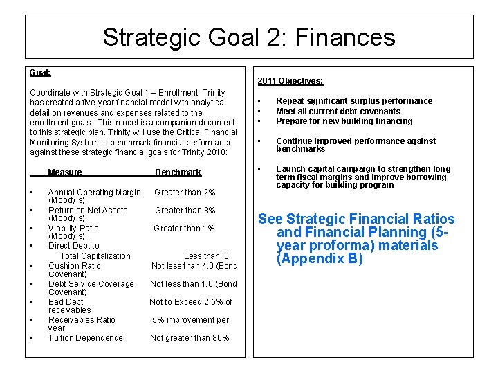 Strategic Goal 2: Finances Goal: Coordinate with Strategic Goal 1 – Enrollment, Trinity has