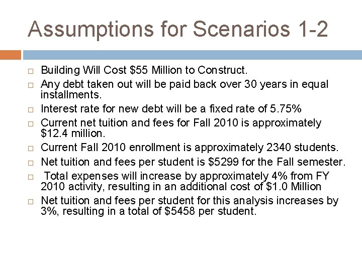 Assumptions for Scenarios 1 -2 Building Will Cost $55 Million to Construct. Any debt