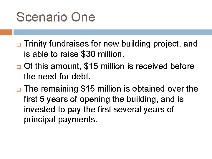 Scenario One Trinity fundraises for new building project, and is able to raise $30
