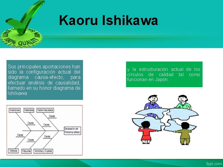 Kaoru Ishikawa Sus principales aportaciones han sido la configuración actual del diagrama causa-efecto, para