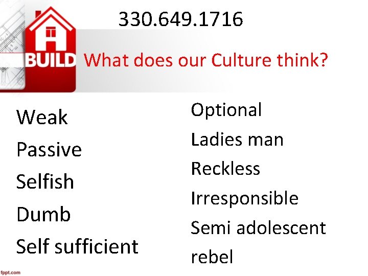 330. 649. 1716 What does our Culture think? Weak Passive Selfish Dumb Self sufficient