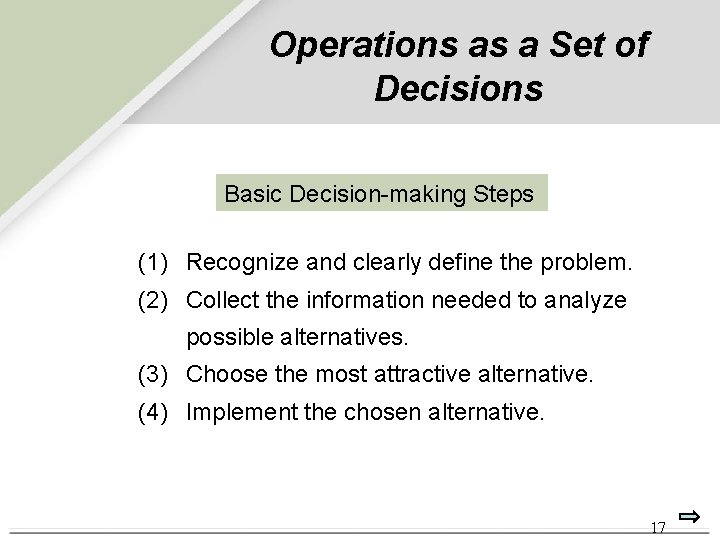 Operations as a Set of Decisions Basic Decision-making Steps (1) Recognize and clearly define Operations as a Set of Decisions Basic Decision-making Steps (1) Recognize and clearly define