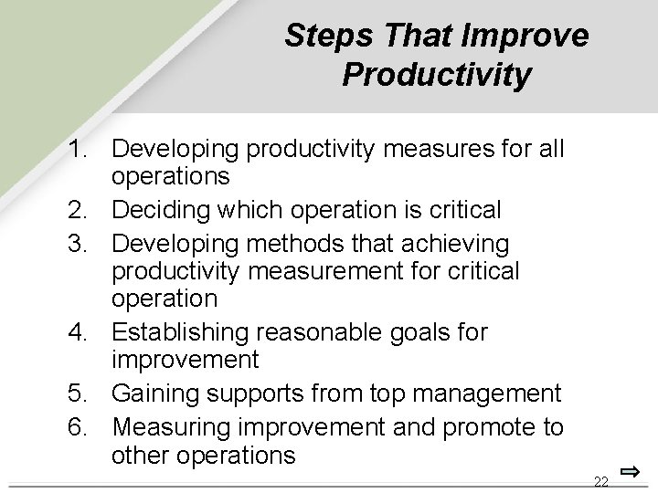 Steps That Improve Productivity 1. Developing productivity measures for all operations 2. Deciding which Steps That Improve Productivity 1. Developing productivity measures for all operations 2. Deciding which