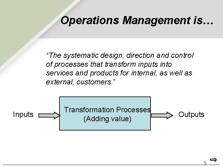 Operations Management is… “The systematic design, direction and control of processes that transform inputs Operations Management is… “The systematic design, direction and control of processes that transform inputs