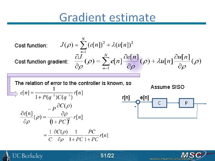 Gradient estimate Cost function: Cost function gradient: The relation of error to the controller