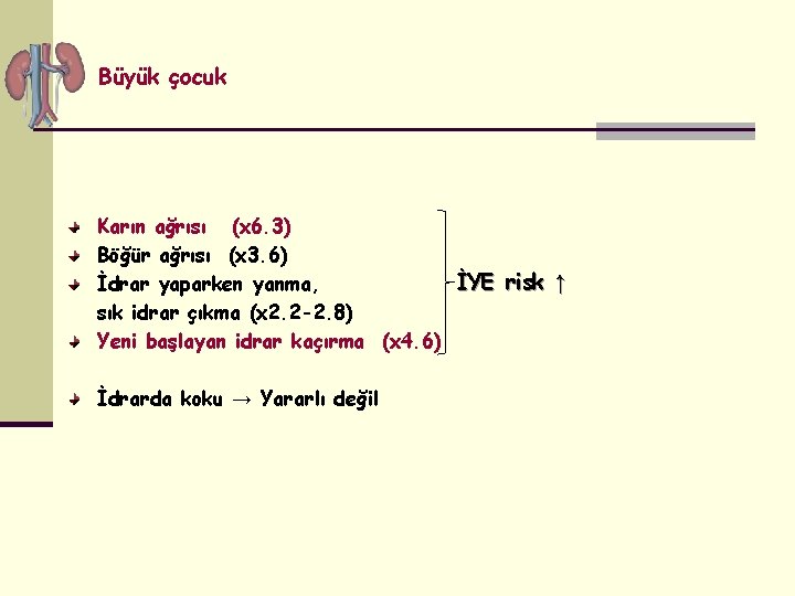 Büyük çocuk Karın ağrısı (x 6. 3) Böğür ağrısı (x 3. 6) İYE risk