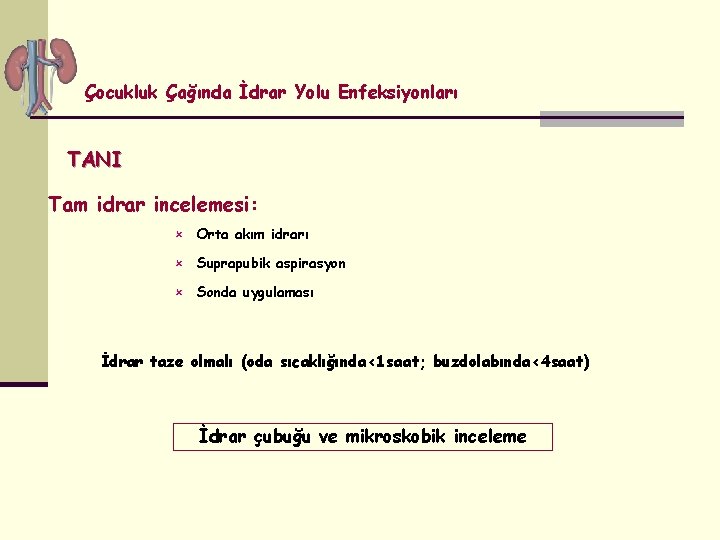 Çocukluk Çağında İdrar Yolu Enfeksiyonları TANI Tam idrar incelemesi: û Orta akım idrarı û