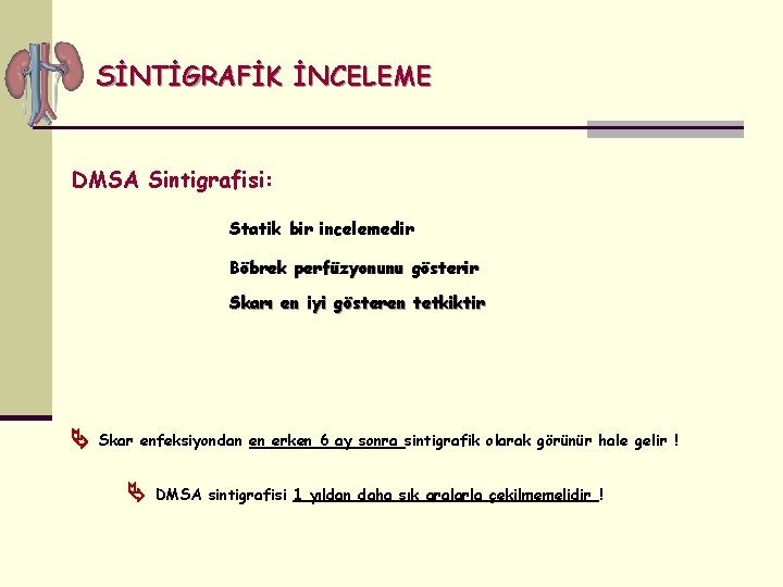 SİNTİGRAFİK İNCELEME DMSA Sintigrafisi: Statik bir incelemedir Böbrek perfüzyonunu gösterir Skarı en iyi gösteren