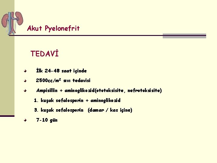 Akut Pyelonefrit TEDAVİ İlk 24 -48 saat içinde 2500 cc/m 2 sıvı tedavisi Ampisillin