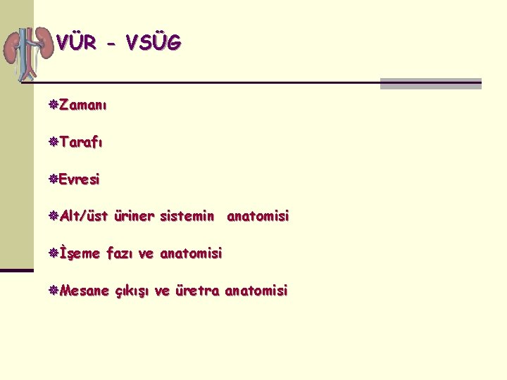 VÜR - VSÜG Zamanı Tarafı Evresi Alt/üst üriner sistemin anatomisi İşeme fazı ve anatomisi