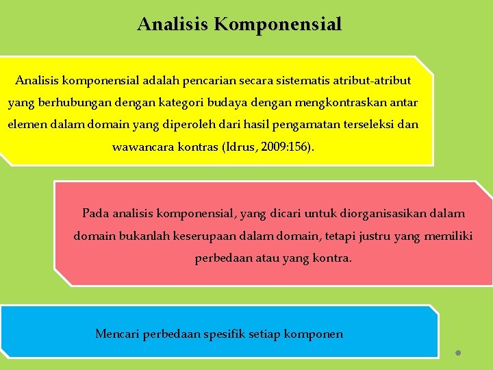 Analisis Komponensial Analisis komponensial adalah pencarian secara sistematis atribut-atribut yang berhubungan dengan kategori budaya