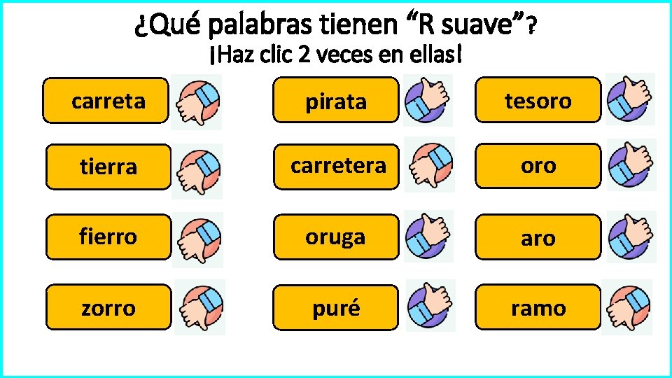 ¿Qué palabras tienen “R suave”? ¡Haz clic 2 veces en ellas! carreta pirata tesoro