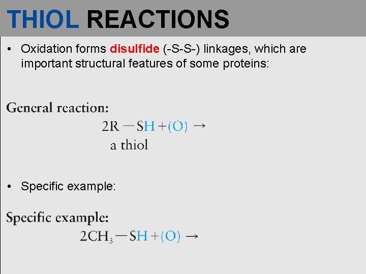 THIOL REACTIONS • Oxidation forms disulfide (-S-S-) linkages, which are important structural features of