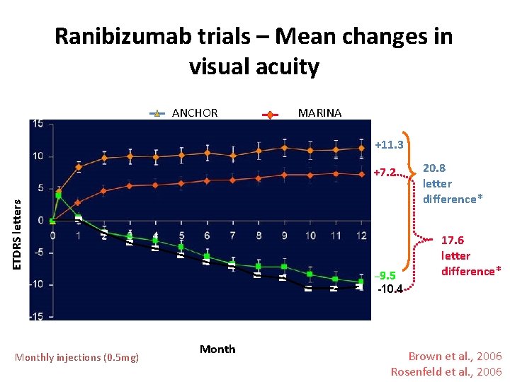 Ranibizumab trials – Mean changes in visual acuity ANCHOR MARINA +11. 3 ETDRS letters