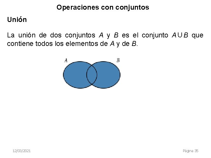Operaciones conjuntos Unión La unión de dos conjuntos A y B es el conjunto