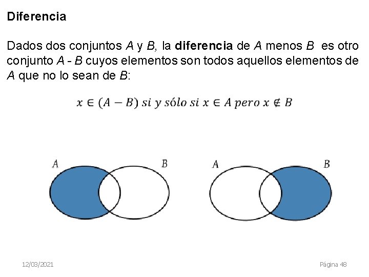 Diferencia Dados conjuntos A y B, la diferencia de A menos B es otro