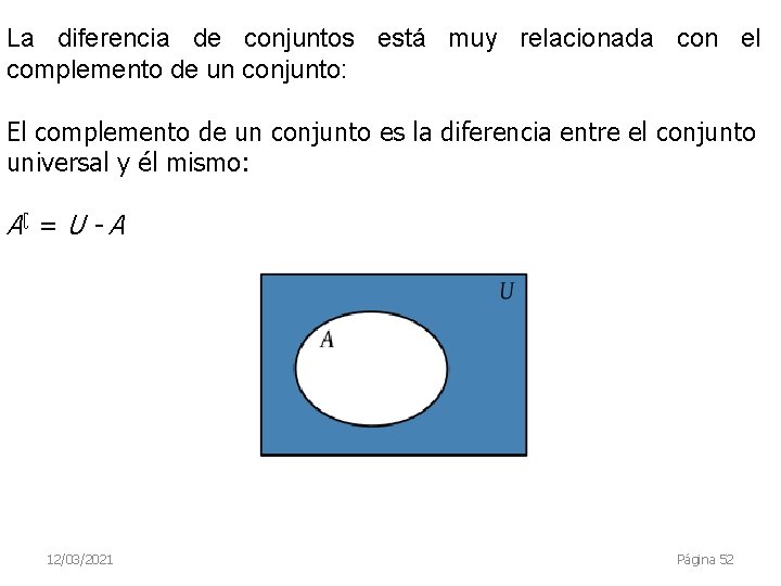 La diferencia de conjuntos está muy relacionada con el complemento de un conjunto: El