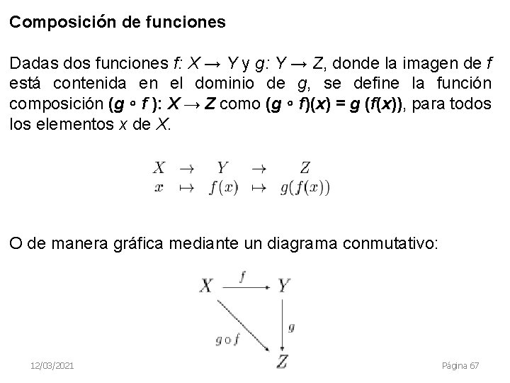 Composición de funciones Dadas dos funciones f: X → Y y g: Y →