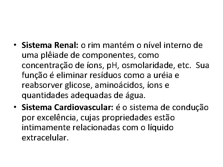  • Sistema Renal: o rim mantém o nível interno de uma plêiade de