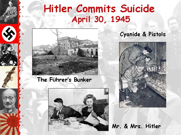 Hitler Commits Suicide April 30, 1945 Cyanide & Pistols The Führer’s Bunker Mr. &