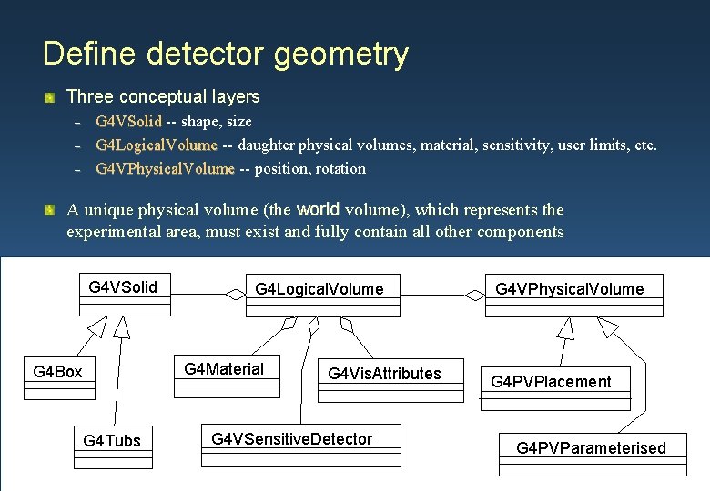 Define detector geometry Three conceptual layers G 4 VSolid -- shape, size G 4