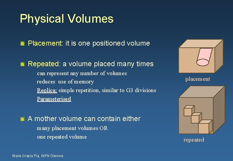 Physical Volumes Placement: it is one positioned volume Placement Repeated: a volume placed many