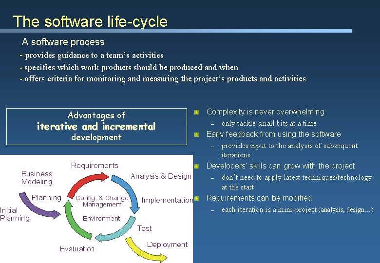 The software life-cycle A software process - provides guidance to a team’s activities -