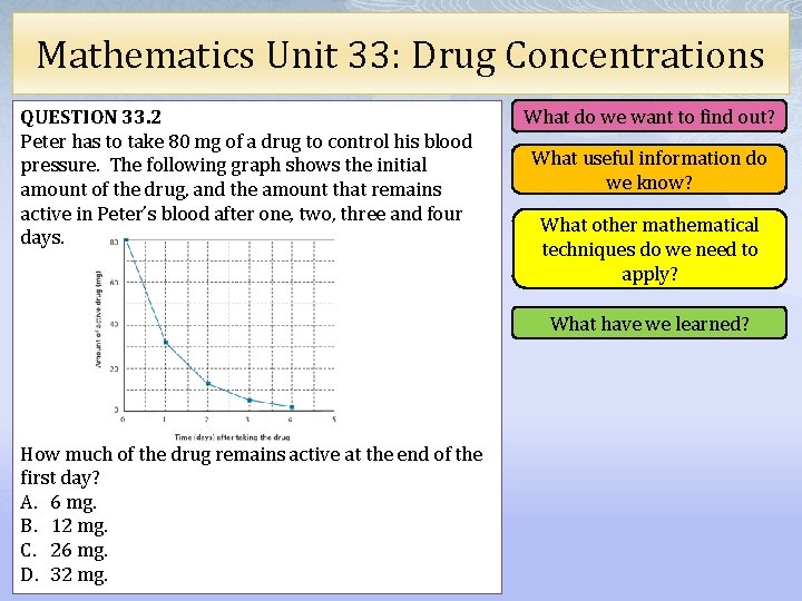 Mathematics Unit 33: Drug Concentrations QUESTION 33. 2 Peter has to take 80 mg