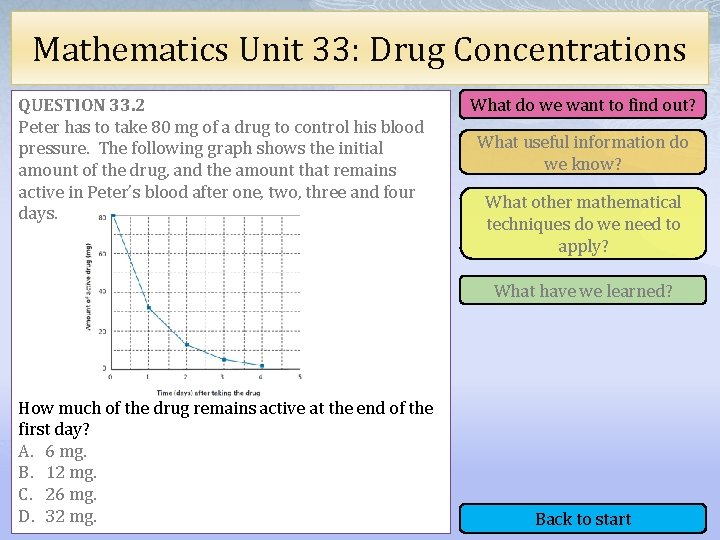 Mathematics Unit 33: Drug Concentrations QUESTION 33. 2 Peter has to take 80 mg