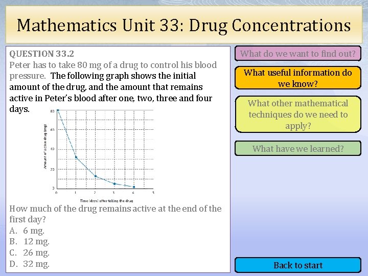 Mathematics Unit 33: Drug Concentrations QUESTION 33. 2 Peter has to take 80 mg