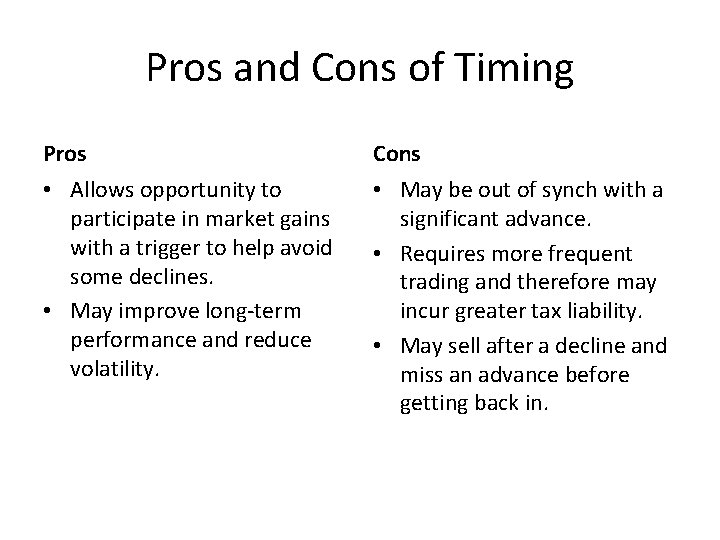 Pros and Cons of Timing Pros Cons • Allows opportunity to participate in market