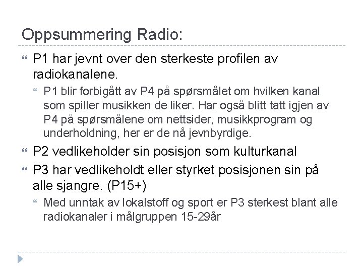 Oppsummering Radio: P 1 har jevnt over den sterkeste profilen av radiokanalene. P 1
