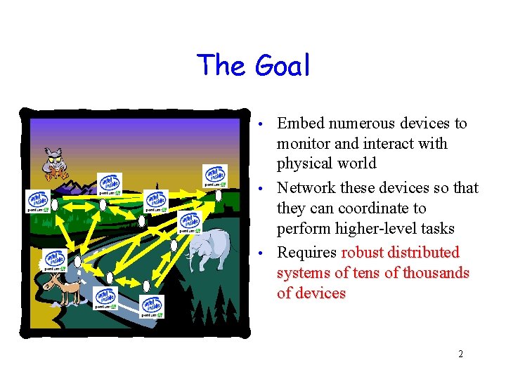 The Goal Embed numerous devices to monitor and interact with physical world • Network The Goal Embed numerous devices to monitor and interact with physical world • Network