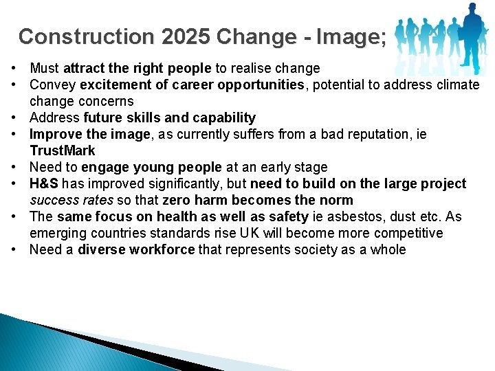 Construction 2025 Change - Image; • Must attract the right people to realise change