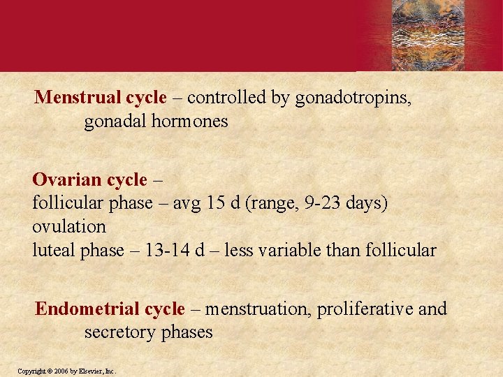 Menstrual cycle – controlled by gonadotropins, gonadal hormones Ovarian cycle – follicular phase –