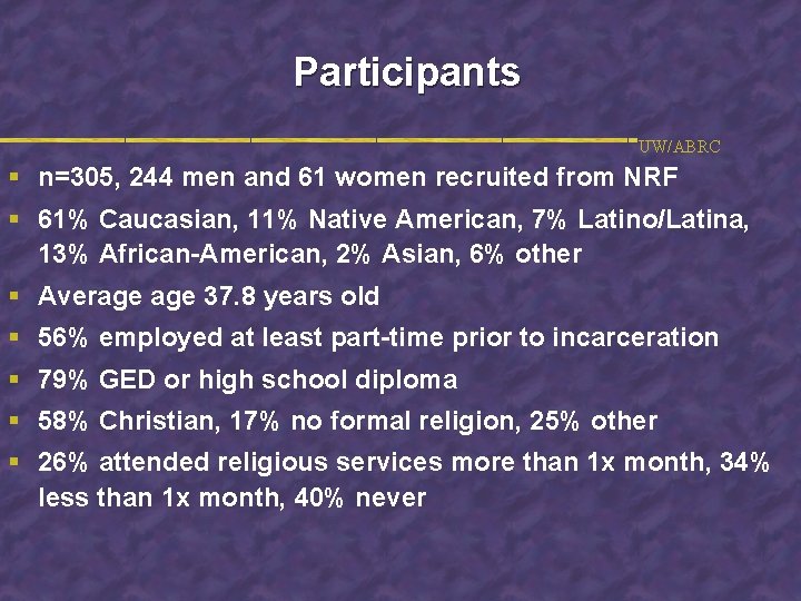 Participants UW/ABRC § n=305, 244 men and 61 women recruited from NRF § 61%