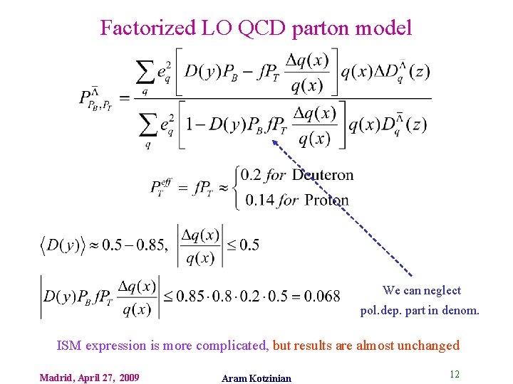 Factorized LO QCD parton model We can neglect pol. dep. part in denom. ISM