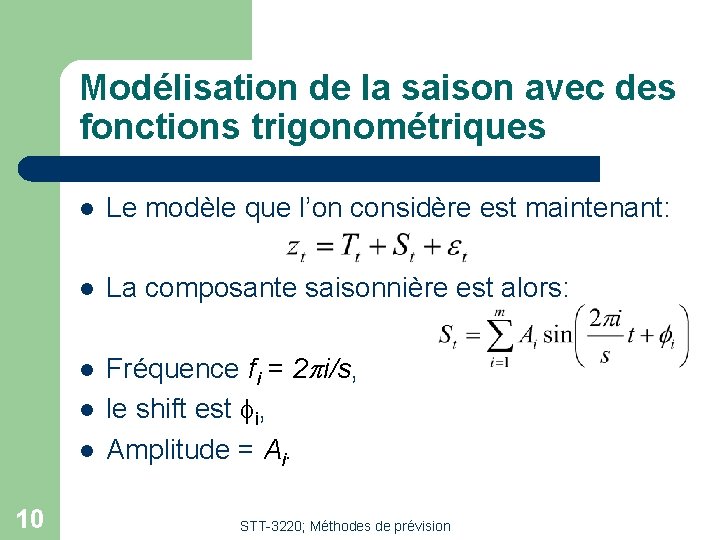 Modélisation de la saison avec des fonctions trigonométriques l Le modèle que l’on considère Modélisation de la saison avec des fonctions trigonométriques l Le modèle que l’on considère