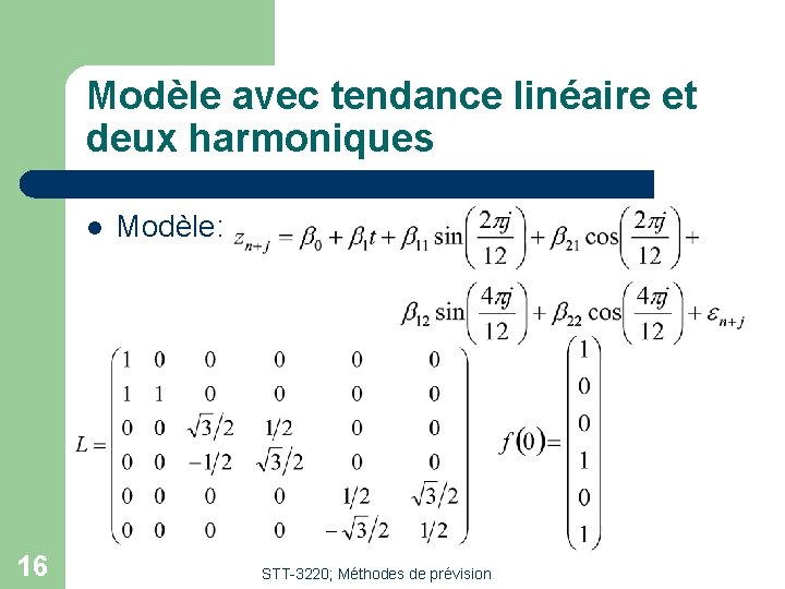 Modèle avec tendance linéaire et deux harmoniques l 16 Modèle: STT-3220; Méthodes de prévision Modèle avec tendance linéaire et deux harmoniques l 16 Modèle: STT-3220; Méthodes de prévision