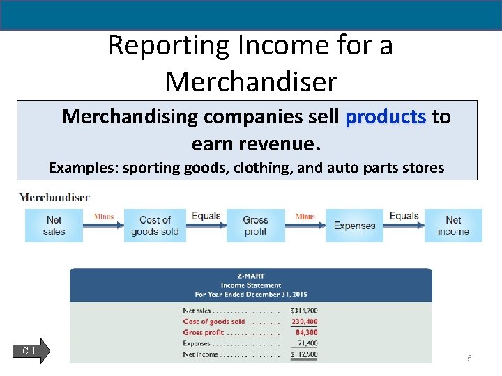 5 - 5 Reporting Income for a Merchandiser Merchandising companies sell products to earn