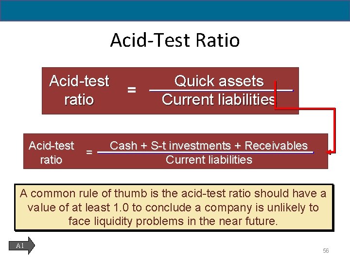 5 - 56 Acid-Test Ratio Acid-test ratio = = Quick assets Current liabilities Cash
