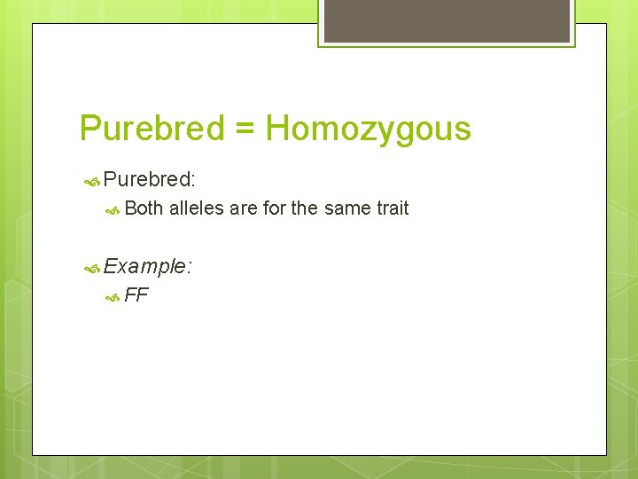 Purebred = Homozygous Purebred: Both alleles are for the same trait Example: FF 