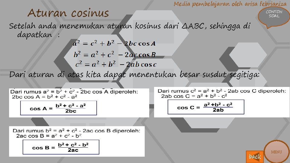 Aturan cosinus Media pembelajaran oleh arisa febrianiza CONTOH SOAL Setelah anda menemukan aturan kosinus
