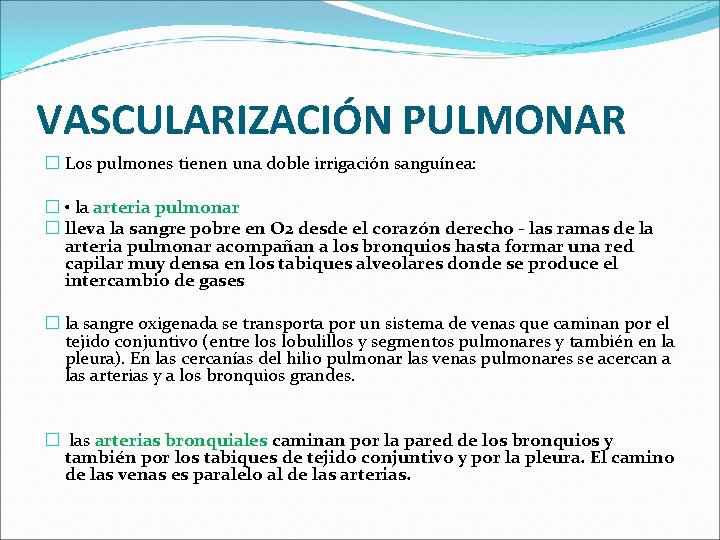 VASCULARIZACIÓN PULMONAR � Los pulmones tienen una doble irrigación sanguínea: � • la arteria