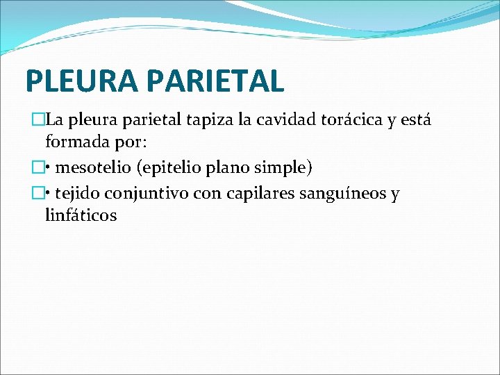 PLEURA PARIETAL �La pleura parietal tapiza la cavidad torácica y está formada por: �