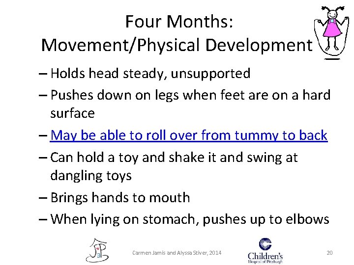 Four Months: Movement/Physical Development – Holds head steady, unsupported – Pushes down on Four Months: Movement/Physical Development – Holds head steady, unsupported – Pushes down on
