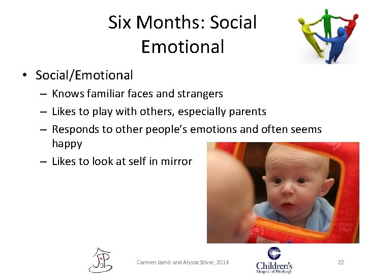 Six Months: Social Emotional • Social/Emotional – Knows familiar faces and strangers – Likes Six Months: Social Emotional • Social/Emotional – Knows familiar faces and strangers – Likes